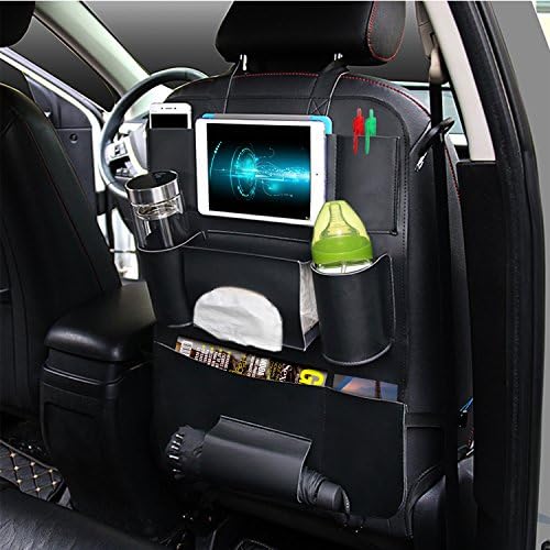 Eunicom 5 Color Option PU Leather Car Seat Back Organizer AutoMuko iPad and Tablet Holder Fit Most Vehicles,Backrest Pocket for Children, Kick Mat and Car Organizer (Black)