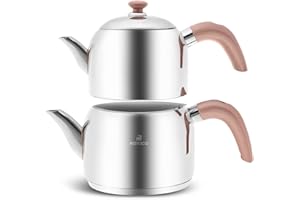Karaca Edge Mini Théière à Induction Rose - 1 L + Couvercle 1,5 L - Volume Total 2,5 L - Théière Turque Caydanlik Demlik