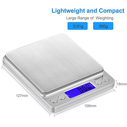 Proster Digitale Taschenwaage 0.01- 500g Elektronische multifunktionale Küchenwaage Briefwaage Feinwaage mit LCD Display mit Hintergrundbeleuchtung und zwei Transparenten Tabletts - 3