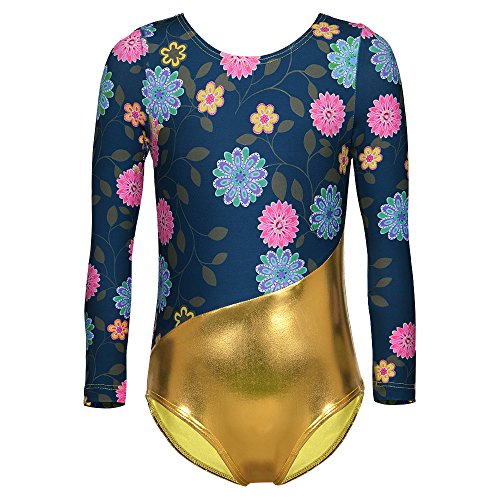 DAXIANG Leotardos gimnásticos para niñas Material Brillante Estampado Floral Galaxy de Manga Larga(Gold,120(4-5Y))