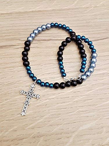 Handmade Unisex Religious Black, Blue, Grey Beaded Silver Cross Necklace Pendant