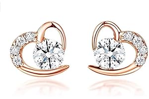 BAOBEI Kaguyo pendientes de plata para mujer, chapado en oro rosa, plata de ley 925, amatista, circonitas transparentes, corazón de amor, pendientes de tuerca para mujeres, niñas