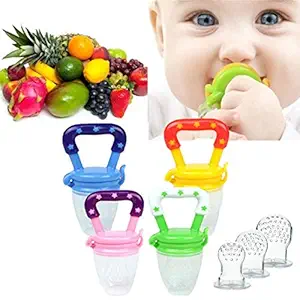 Koochie-Koo BPA-Free Silicone Food Nibbler with 2 Extra Mesh Nipples for Fruit and Veggie with Easy Grip Handle, Pacifier Feeder for New Born Baby 3-12 Months (Pack of 1, Multicolor)