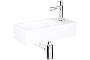 ‎DIFFERNZ Differnz Helios Waschbecken klein, Handwaschbecken Keramik Weiß, Chrom Armaturen Wasserhahn rechts, Waschtisch, Kaltwasserhahn – 37.5 x 18 x 9.5 cm