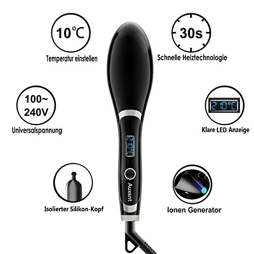 Auxent Ionen Glättungsbürste, Keramik Haarglätter Bürste mit Schnellaufheizung, Universalspannung und Abschaltautomatik, Glättbürste zum Glätten Von Locken, Glätteisen Bürste für Glattes und Geschmeidig Glänzendes Haarstyling - 4