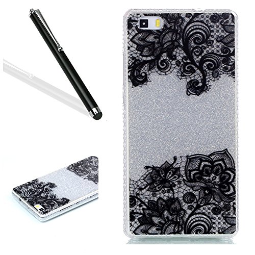 Huawei P8 Lite Case,Huawei P8 Lite Bling Case,Leeook Creative Shiny Glitter Hard Back Cover Pretty Black Flower Pattern Slim Fit Soft Tpu Frame Silver Silicone Rubber Case Cover for Huawei P8 Lite+ 1x Black Stylus-Silver,Black Flower