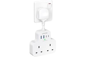 Multi Plug Extension Socket with 4 USB Ports, ANVODE 2 Way Plug Adaptor with Flexible Cable, Short Extension Lead Double Adapter Plug UK for Bedroom, Office, Kitchen. White