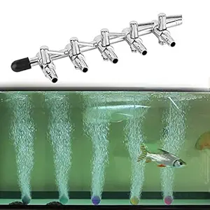 Venus Aqua Stainless Steel Aquarium Air Regulator Valve Fish Tank Air Line Divider Control Valve with 12 Meters Air Flow Tube Pipe and Five Airstones (5 Outlet), 1 Piece