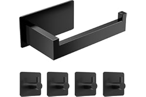 Siblaies Toilettenpapierhalter Ohne Bohren,Klopapierhalter Ohne Bohren,Selbstklebend Klorollenhalter WC Papierhalter Edelstahl Rollenhalter Toilette mit 4 Stück Handtuchhaken für Küche Bad Schwarz