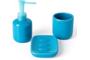 ESTHELAR SELECT Set Accesorios Baño 3 Piezas Azul | Dispensador de Jabón Líquido, Jabonera y Vaso para Cepillos | Kit Cerámica Moderna para Lavabo | Juego Completo Decoración de Cuarto de Baño | Conjunto Organizador
