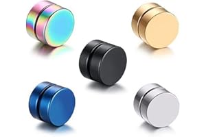 Momeski 5 Paare Set Edelstahl Magnet Ohrringe Gefälschte Clip Nicht durchbohrte Ohrstecker für Herren Damen CZ Ohrringe Rund Ohrringe Clips Tunnel Hypoallergen 8mm Silber Schwarz Gold Blau Bunt