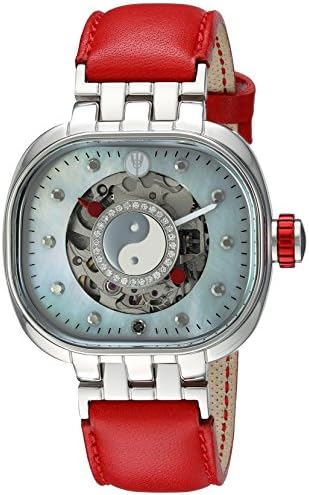 TULIPENOIRE Women's Mechanical Hand Wind Stainless Steel and Leather Watch, Color:Red (Model: A4)