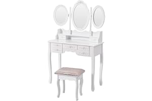 COLORSTONE Vanity Makeup Table with 7 Drawers, Dressing Table with Foldable 3 Mirrors, Detachable Vanity Table with Cushioned Stool (White)