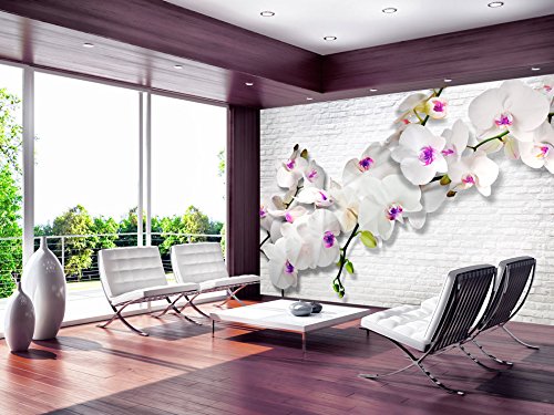 FOTOTAPETE 350×245 cm – VLIES TAPETE PREMIUM – PROFI QUALITÄT – 3 Farben zur Auswahl – Top moderne Wanddeko – Wandbilder XXL – Riesen Wandbild – Top Design Tapete – Neue exklusive Edition mit noch besser Druckauflösung – Deutsches Premium Vlies – Mauer Ziegel Blumen Orchidee b-A-0089-a-d - 2
