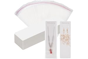 PH PandaHall 100 tarjetas de exhibición de collares de 8 x 2.3 pulgadas de largo con 100 bolsas autoadhesivas transparentes, tarjetas de exhibición de joyas blancas, tarjetas colgantes de papel