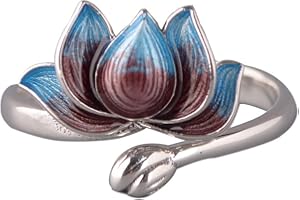 FORFOX Anello aperto fiore di loto smaltato in argento sterling 925 per donna e ragazza regolabile