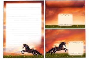 JUNAPACK Set de papier à lettre cheval pour fille avec enveloppe pour enfants (bloc A5 de 25 feuilles + 15 enveloppes)