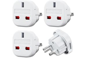 Welsberg 4 Adaptadores de Viaje de Reino Unido a EU, Adaptador de Enchufe Británico a Español, de 3 Pines UK a 2 Pines Europeos, Juego de Adaptadores para Europa, España, Francia, Alemania, Blanco