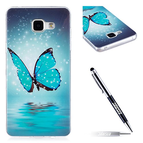 Galaxy A5 2016 Handyhülle,Samsung Galaxy A5 2016 Hülle,JAWSEU Ultradünne Weiche Flexible Night Luminous Schmetterling Muster Blau Rückseite Schutzhülle Tasche Leuchtende Nacht-Abdeckung TPU Silikon Bumper Etui Hülle Case Cover für Samsung Galaxy A5 2016+1xSchwarz Glitzer Bling Eingabestift-Schmetterling,Blau