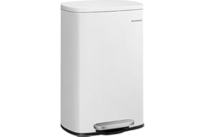 SONGMICS Mülleimer Küche, 50 Liter, Abfalleimer, Treteimer, mit Deckel, Softclose, Fußpedal, Stahl, Inneneimer, weiß LTB101W01