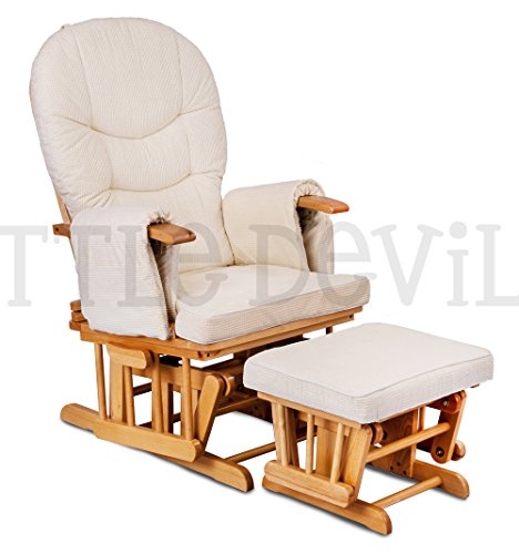 LUXURIOUS HUSH HUSH SOLID OAK WOOD GLIDER CHAIR WITH CREAM CUSHIONS - NURSING GLIDER / ROCKER / ROCKING / MATERNITY / FEEDING CHAIR (With Locking Mechanism & Free Matching Footstool)
