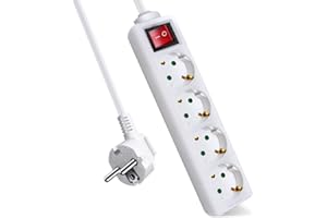 EXTRASTAR Regleta Alargador con 4 Enchufes e Interruptor, Cable 5M, para el hogar, Oficina y Viajes, 16A, 250V, 3680W, Blanco
