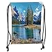 Produktbild Fashion Printed Drawstring Backpacks Bags,Lakehouse Decor,Scenery of Spirit Island in Maligne Lake Canada in a Summer Time Covered With High Mountains, Soft Satin,5 Liter Capacity,Adjustable Strin