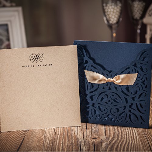 Wishmade Einladungskarten Für Hochzeit Geburtstag Taufe Party Satinband Bowknot Kraftpapier Blanko Set 50 Stücke inkl Umschläge und Aufkleber - 2