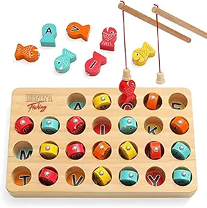 HIRNAYA Wooden Magnetic Fishing Game | Fine Motor Skill Toy ABC Alphabet Color Sorting Puzzle Toy with 2 Pole | Letters Recognition Preschool Gift for Kids | Early Learning Toy for Boys and Girls