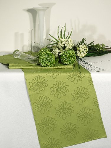 Edler Tischläufer grün Serie "Blüten Meer" - 40x140 - Markenqualität - hochwertige Serie - stilvoll und elegant - mit LOTUS - EFFEKT - FLECKSCHUTZ - Flüssigkeiten perlen einfach ab - im gleichen Design sind Mitteldecken und Kissenbezüge erhältlich - auch in weiteren Farben erhältlich