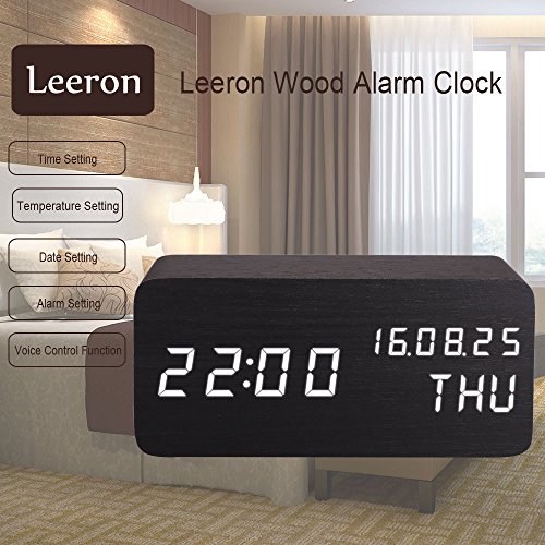 Leeron LED Digital Wecker, Zeigt Uhrzeit Datum Woche und Temperatur, Würfel Holz förmigen Sound Control-Schreibtisch-Wecker für Heim und Büro schwarz - 2