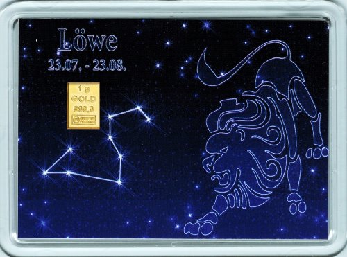 Preisvergleich Produktbild 1g Goldbarren 999,9 Feingold in Motivbox "Sternzeichen Löwe"