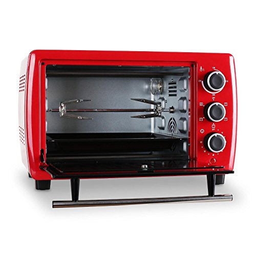 Klarstein Omnichef 20 | Mini Backofen / Mini Ofen / Pizzaofen / Tischbackofen / Hähnchengrill / Grillofen aus Edelstahlgehäuse |ideal für kleine Haushalte, Ferienwohnungen oder Gartenlauben | mit Umluft- und Drehspießfunktion | 1380 Watt Leistung | 21 Liter Garraum | inkl. Grillrost, Hähnchenspieß und Backblech | Farbe: Rot - 3