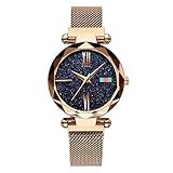 Damenuhr-Magnet-Uhr-Quarz-Armbanduhr-Uhren Sternenhimmel-Vorwahlknopf-Diamant-Ausschnitt Keine Schnalle-Edelstahl-Maschen-Gurt-Uhr mit einzigartigem Magnet-Verschluss (Gold)