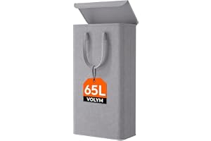 Lifewit 65 l smal tvättkorg med lock, hög vikbar tvättkorg med robusta handtag, tvättkorg för badrum, tvättstuga, sovrum