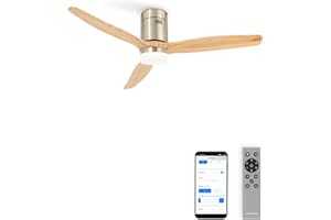 CREATE / WINDCALM/Ventilador de techo con luz níquel madera natural con Wifi y mando/Silencioso, función verano-invierno, 6 velocidades, temporizador 1 a 8h, 3 temperaturas de luz, 40W, Ø132 cm