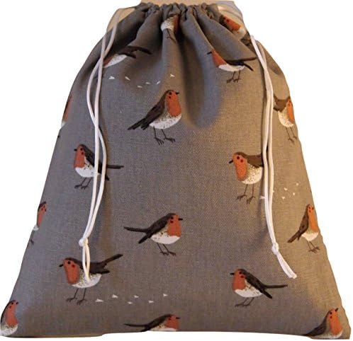 Sophie Allport Robin &amp; Mistletoe Fabric. Drawstring Waterproof Lined Wash Bag, Cosmetic Bag