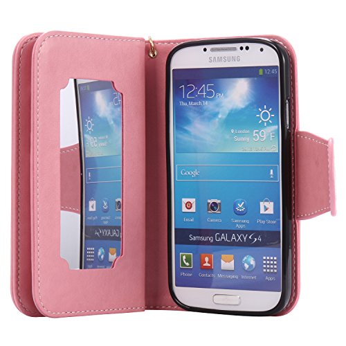 Galaxy S4 Hülle,Galaxy S4 Schutzhülle,Galaxy S4 Leder Hülle,ikasus® Prägung Floral Blumen Mädchen und Katze Vögel Muster PU Lederhülle Flip Hülle im Bookstyle Cover Schale Slim Fit Soft Silikon Magnetverschluss Schutzhülle PU Leder Hülle Flip Wallet Case Kunstleder Tasche Cover mit Standfunktion und Kartenfächer Tasche Wallet Case für Samsung Galaxy S4 i9500 – Mädchen und Katze:Rosa - 2