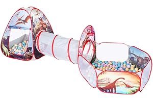 DECALSWEET 3 in 1 Spielzelt mit Krabbeltunnel,Pop-up Dinosaurier Bällebad Kinderzelt für Jungen,Babyzelt mit Ballpool Spielzeug für Indoor Outdoor