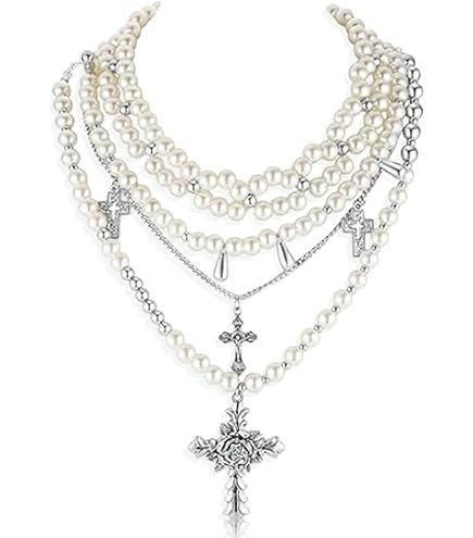 Clataly Collana Gothica Con Crocifisso Di Cristallo E Perle - Choker Regolabile Donna
