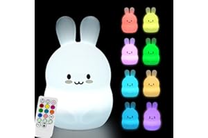 Glinrui Grande Luz nocturna para niños Conejo Luz de noche, Lámpara Decoración multicolor de silicona - Resistente a Rotura, Cuidado Ojos, Brillo y Color Ajustable, Configuracion de hora - Grande