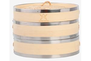 Altra Astra Bamboo Steamer - 8 inch, 100% Glue Free Construction with Reusable Cotton Sheets, Perfect for Healthy Steaming of Dim Sum, Bao Buns, Vegetables, Meat & Fish, 2 Tiered Basket
