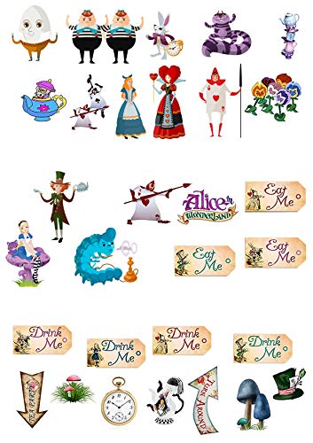 Cubierta decorativa para pastel de papel de arroz/oblea comestible de calidad prémium, personajes de la fiesta del té de la película Alicia en el país de las maravillas, posición vertical, 31 unidades