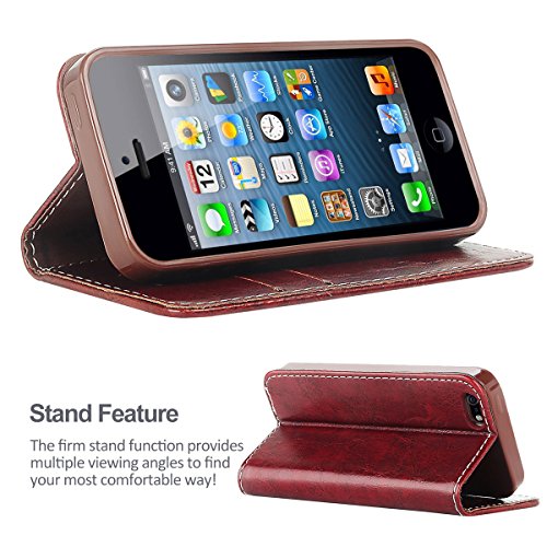 Funda iPhone 5S  iDoer iPhone 5S Funda con tapa libro piel y TPU cartera cover Funda de cuero carcasa bumper protectores estuches soporte flip Case para Apple iPhone 5 5S SE marr  n