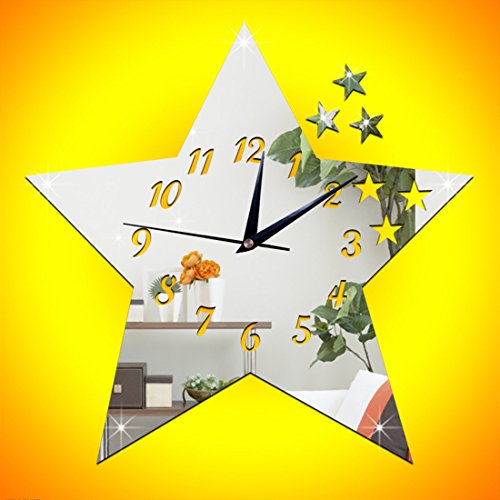 Preisvergleich Produktbild GWELL Modern Wanduhr Spiegel Sterne Design DIY Wandtattoo Wandsticker Aufkleber Uhr Zimmerdeko für Wohnzimmer Kinderzimmer silber