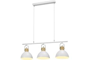 JR BRO Lámpara Colgante de Techo Industrial de 3 Luces E27, Pantallas Blancas con Detalles en Madera, Estilo Vintage Rústico para Cocina, Comedor, Isla o Barra (Blanco)