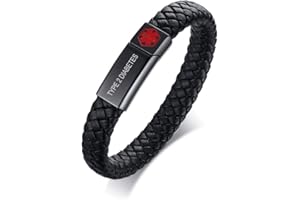 PJ JEWELLERY Custom Engraving Braided Genuine Leather Medical ID Wristband Mens Medical Alert Leather Bracelet with Stainless Steel Magnetic Clasp