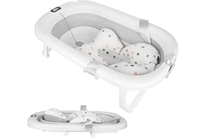 SUPFINE Baignoire Bebe Pliable avec Thermometre Digital, Baignoire Bebe avec Coussin Baignoire Bebe avec Prise Pommeau de Douche, Ergonomique et Peu Encombrante, 0 à 24 Mois (Gris- 80 * 50 * 23cm)