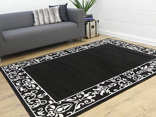 traditional floral border plain living room rugs bedroom rugs black and white (60x240cms)