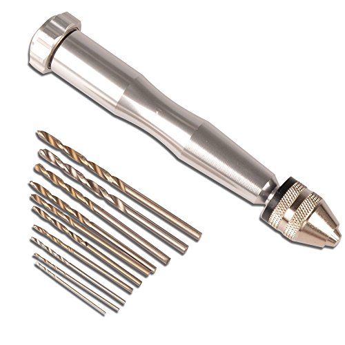 Racksoy 1 x Mikro Aluminium Stiftkloben Handbohrer (0,6-3,0 mm) Handbohrmaschine Bohren mit Keyless Futter + 10 x Spiralbohrer Bits Silber - 5